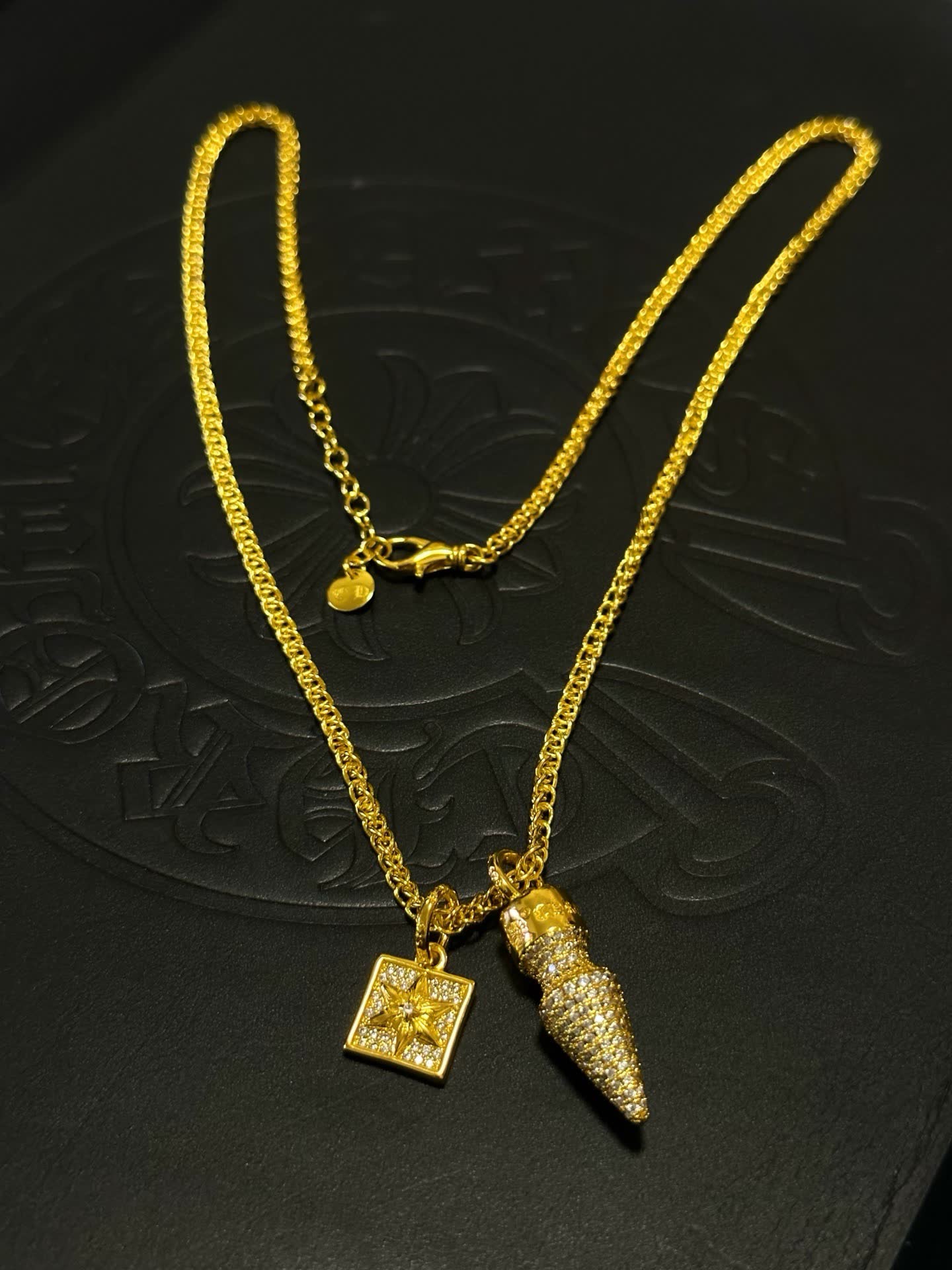 Chrome Hearts Gold Plated Diamond-Studded Necklace with Star and Spike Pendant